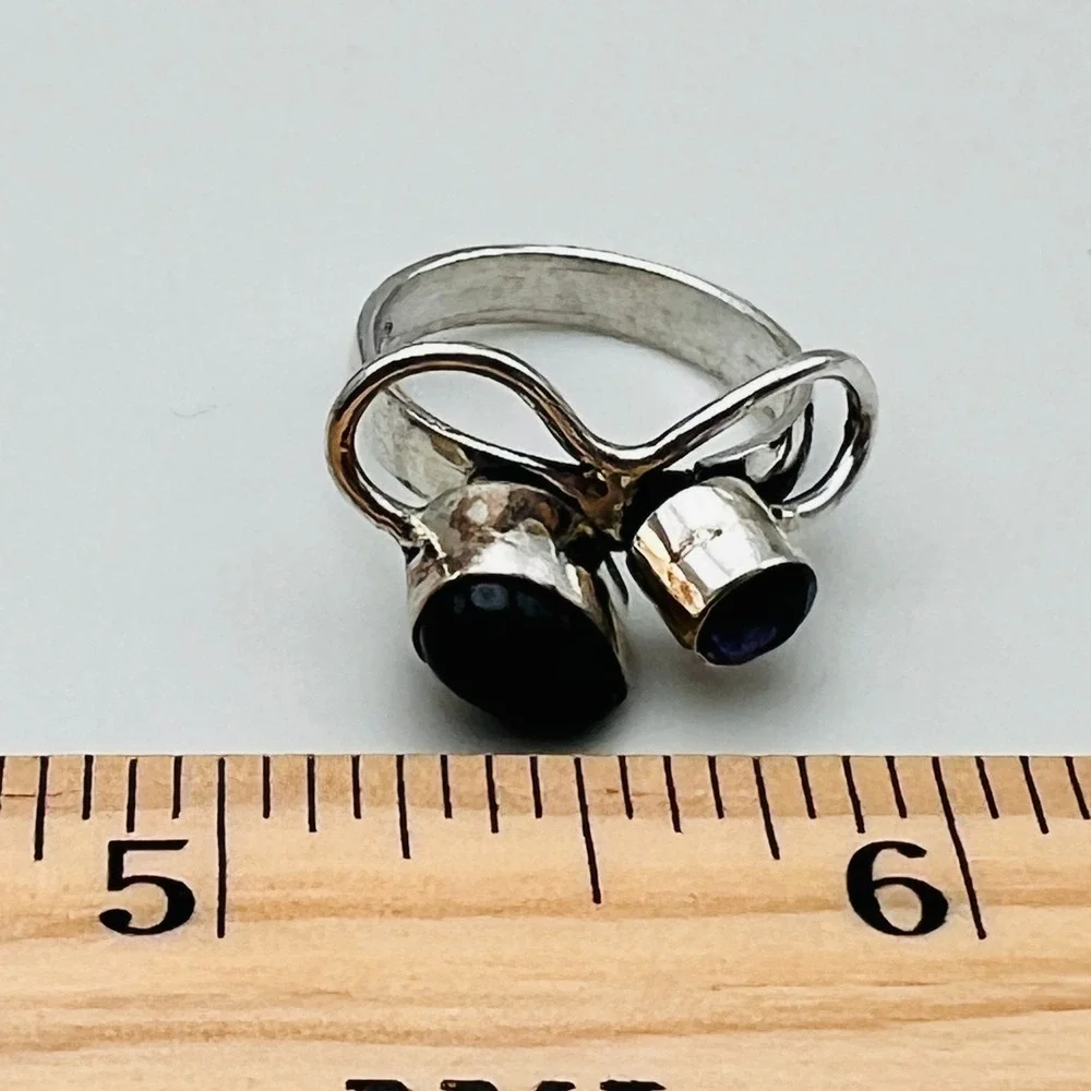 Silver Tone Bypass Ring Amethyst‎ Black Cabochon Stone Size 6 Boho Chic